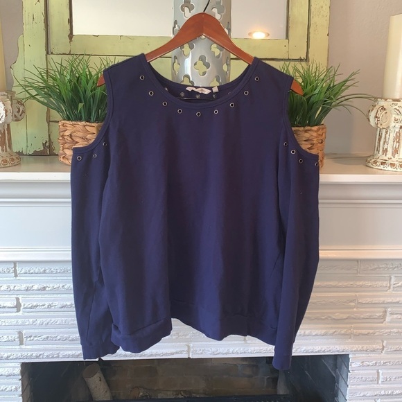 Soft Surroundings Navy French Terry Cotton Cold Shoulder Grommet Sweatshirt XL - Picture 2 of 10